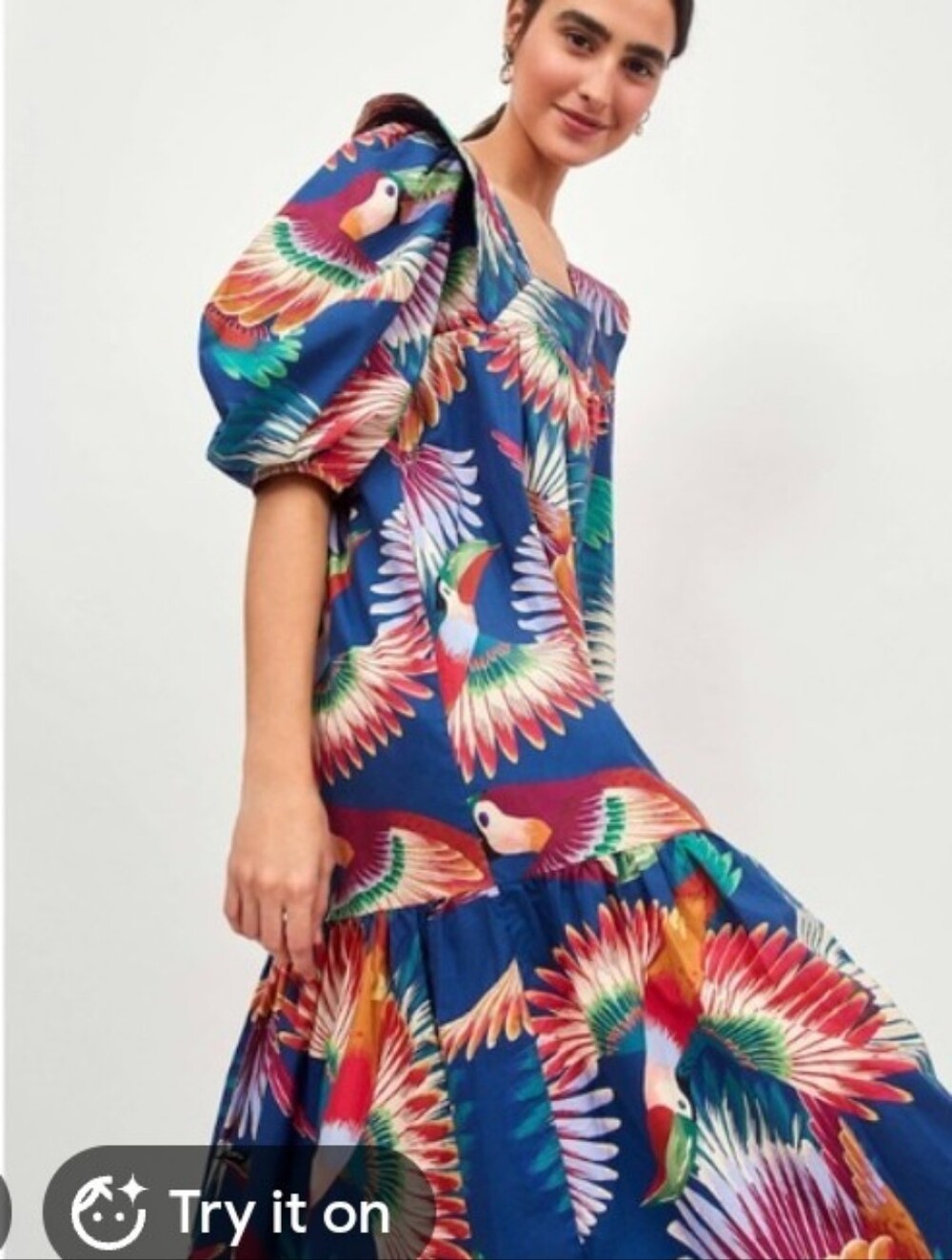 FARM TIO SZ S NAVY TUCAN PUFF DLEEVE MIDI DRESS COTTON OVERSIZE COLORFUL BIRDS